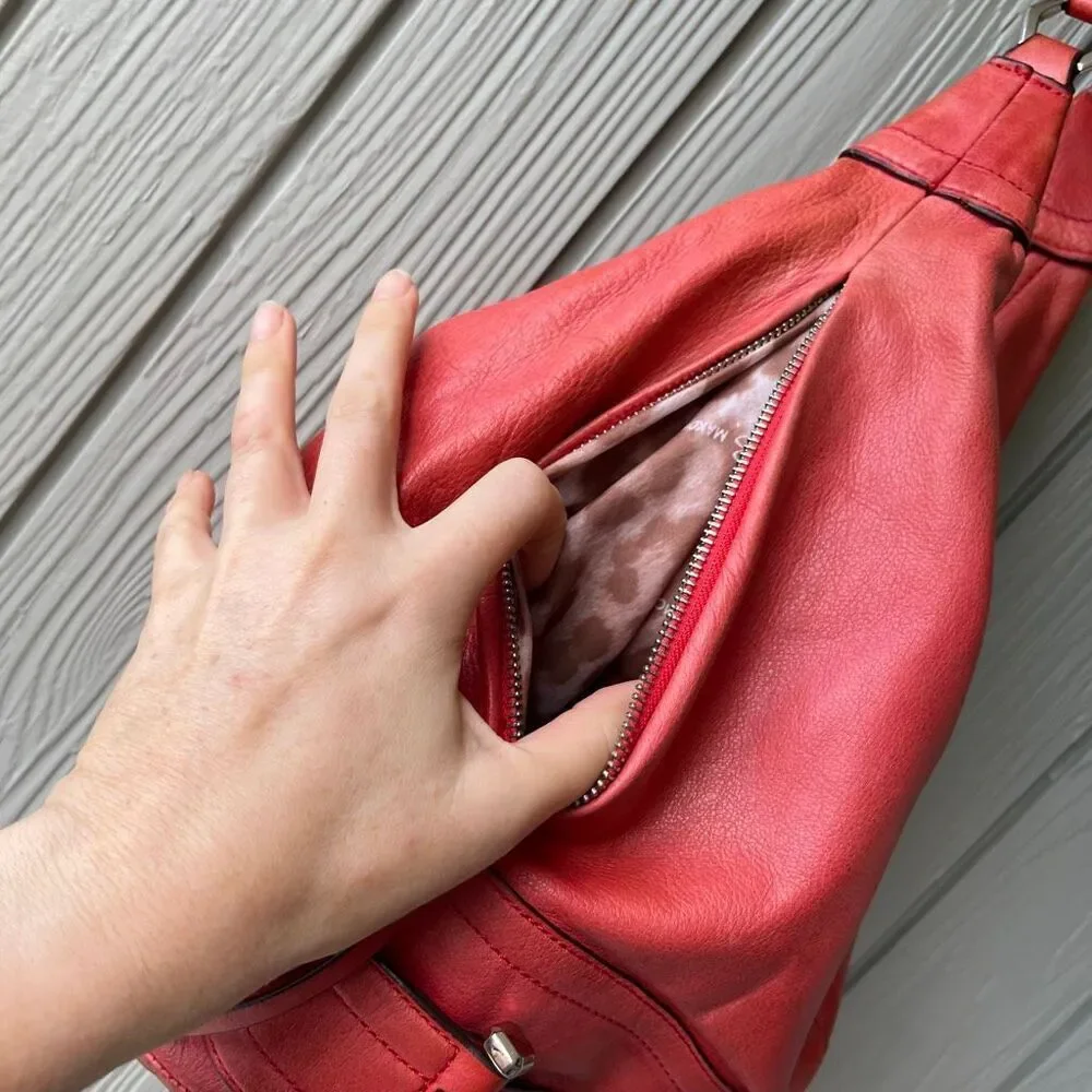 VTG B. Makowsky Coral Red Leather Hobo Bag | Slouchy Bucket Shoulder Purse - Picture 6 of 13